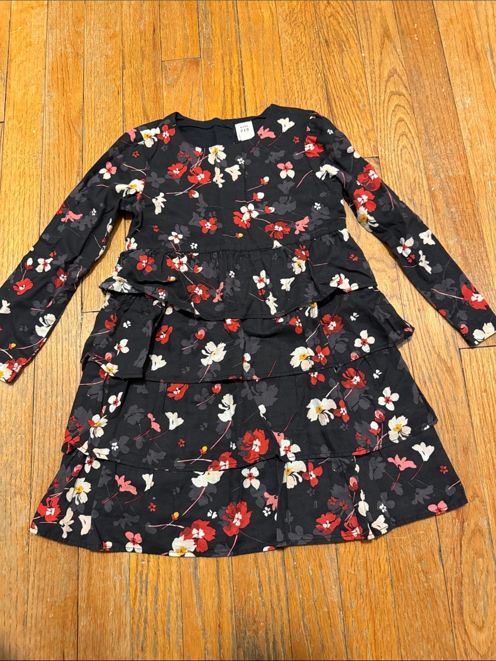 GAP Black Long-Sleeve Tiered Floral Dress - Red, White, Pink